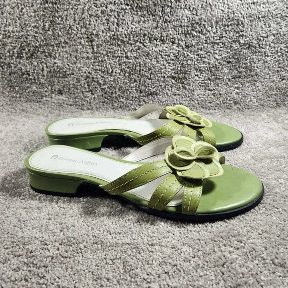 Etienne Aigner Helga Sandals Green Leather Floral Slide Low Block Heel Womens 7 - Picture 6 of 10